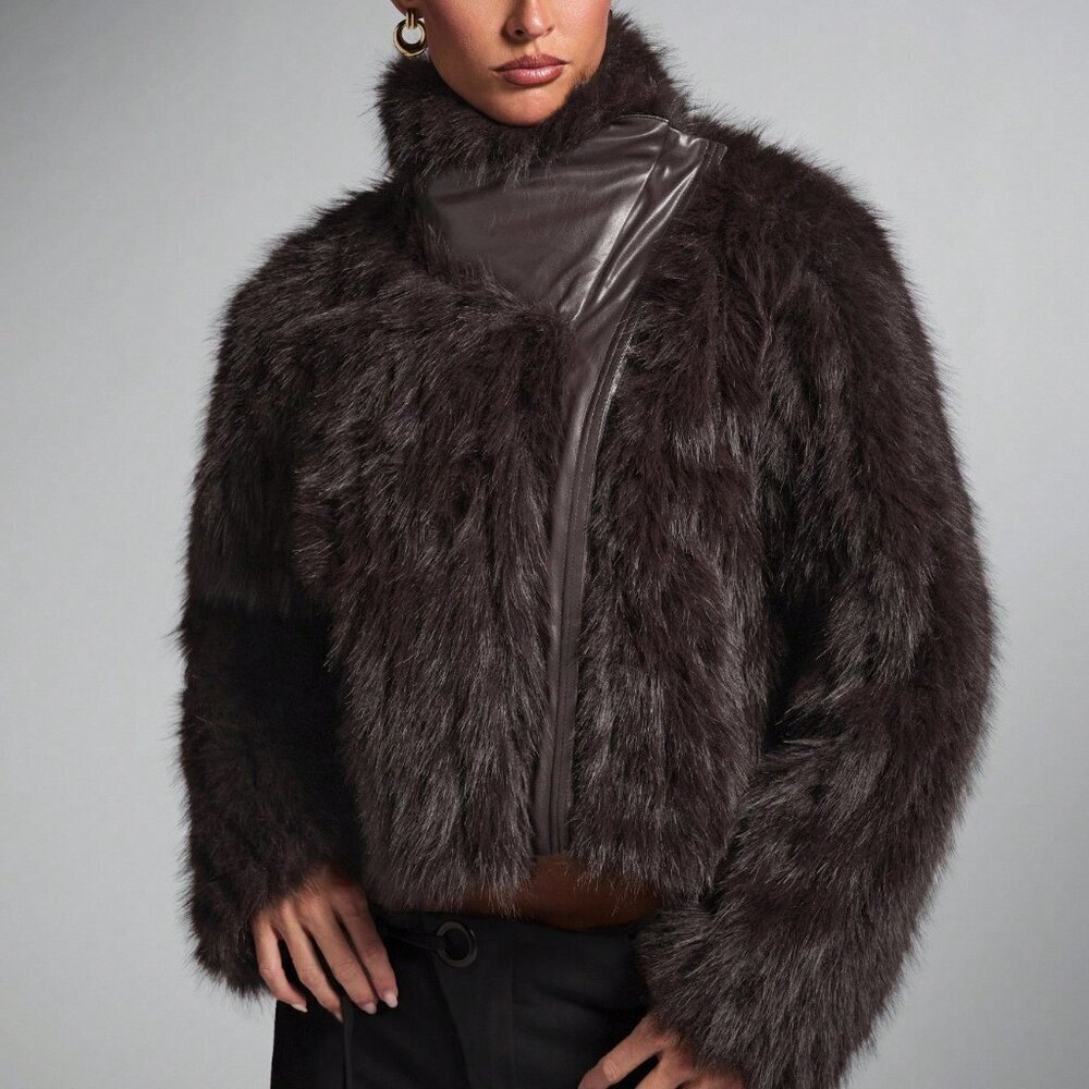 Brown Elegant Women's Oversized Patchwork Faux Fur Coat jacket - Picture 4 of 9